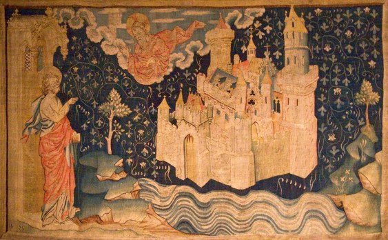 La_nouvelle_Jérusalem-John of Patmos watches the descent of the New Jerusalem from God in a 14th century tapestry. (1)